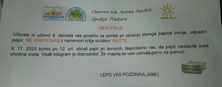 Zbiranje starega papirja za devetošolce 9.11.
